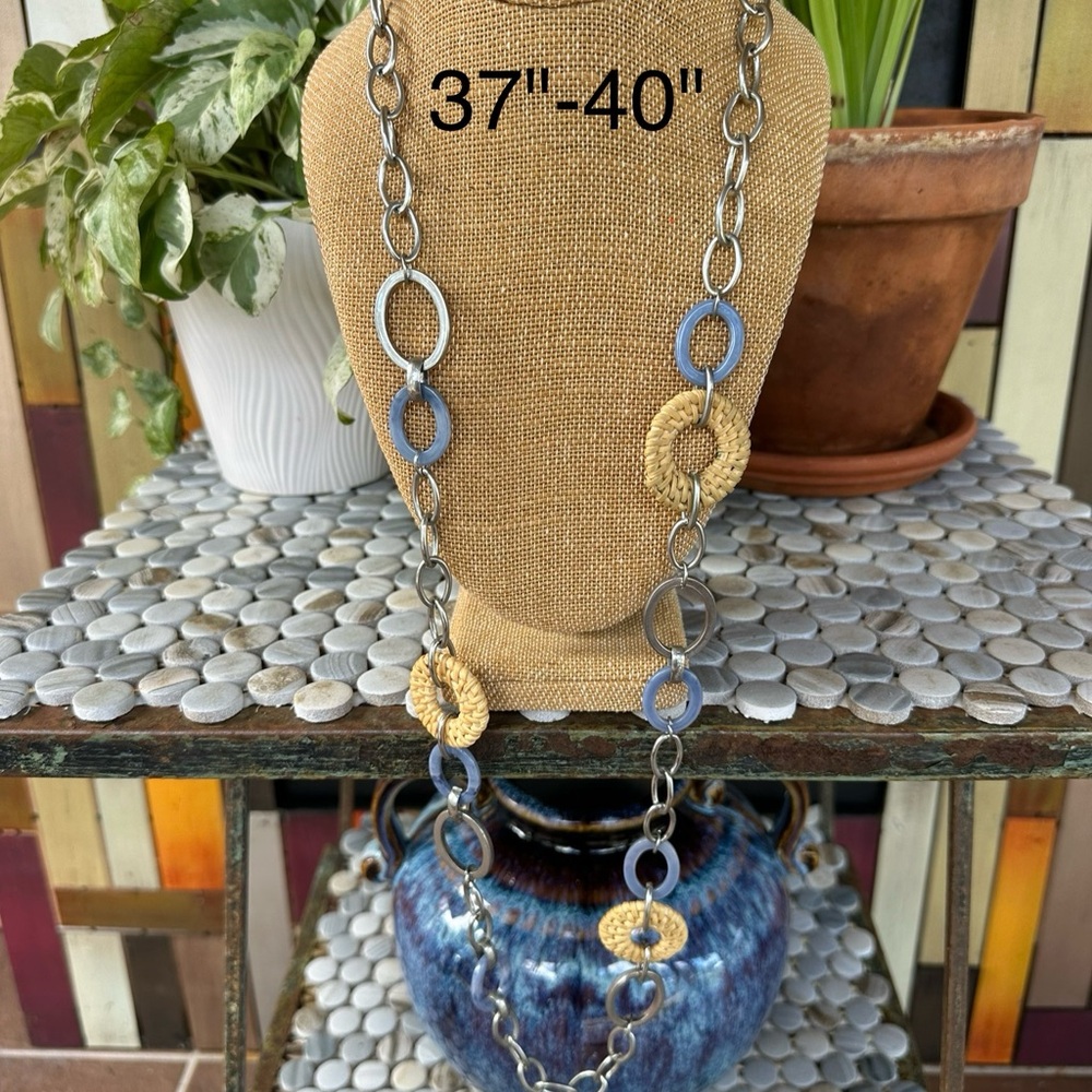 🔥 2/$8, 3/$10, 4/$12 🔥 Silver, Blue and Wicker Long Chain Necklace